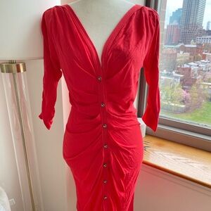 Red Azzaro Dress Fitted Crystals Ruched Plunging M